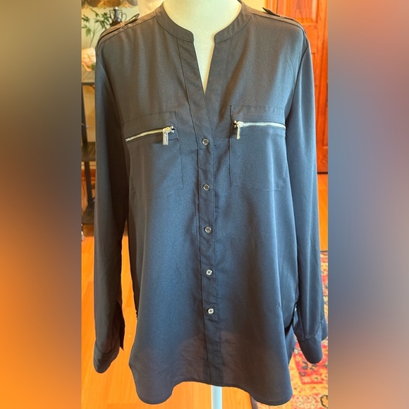 CALVIN KLEIN Women Thin Light Slippery Poly Blouse 2-Way Sleeve Black/Gray Med - Picture 1 of 11